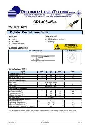 SPL405-45-4 Datasheet PDF Roithner LaserTechnik GmbH