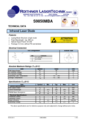 S9850MBA Datasheet PDF Roithner LaserTechnik GmbH