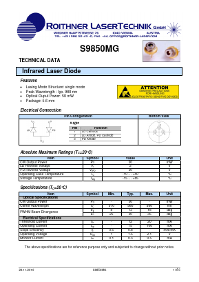 S9850MG Datasheet PDF Roithner LaserTechnik GmbH