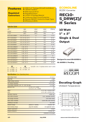 REC10-1215DRWZ Datasheet PDF RECOM Electronic GmbH