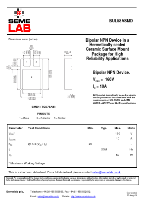 BUL58ASMD Datasheet PDF Semelab - > TT Electronics plc 