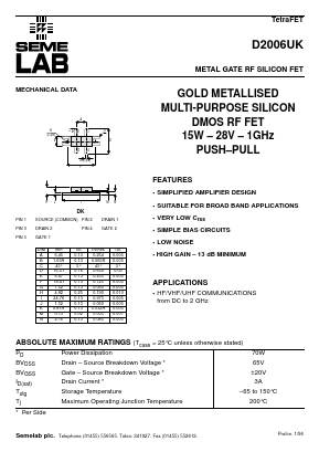 D2006UK Datasheet PDF Semelab - > TT Electronics plc 