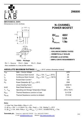 2N6800 Datasheet PDF Semelab - > TT Electronics plc 