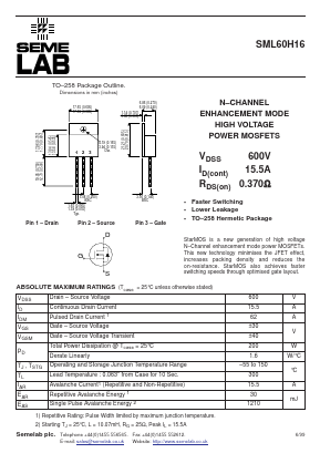 SML60H16 Datasheet PDF Semelab - > TT Electronics plc 