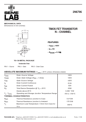 2N6796 Datasheet PDF Semelab - > TT Electronics plc 