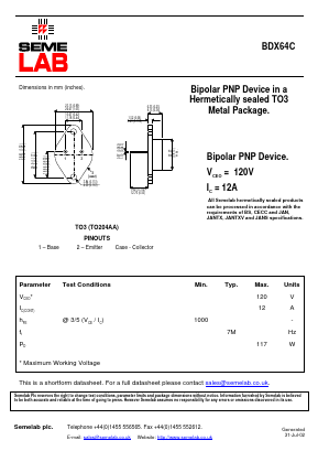 BDX64C Datasheet PDF Semelab - > TT Electronics plc 