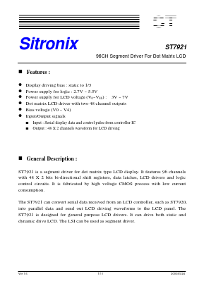 ST7921 Datasheet PDF Sitronix Technology Co., Ltd.