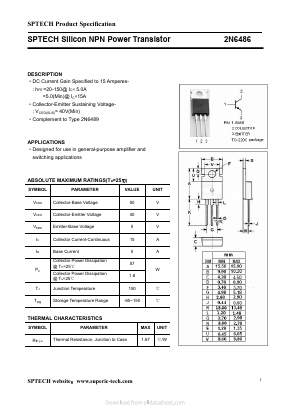 2N6486 Datasheet PDF Shenzhen SPTECH Microelectronics Co., Ltd.