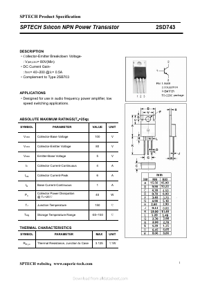 2SD743 Datasheet PDF Shenzhen SPTECH Microelectronics Co., Ltd.