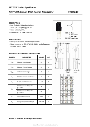 2SB1017 Datasheet PDF Shenzhen SPTECH Microelectronics Co., Ltd.