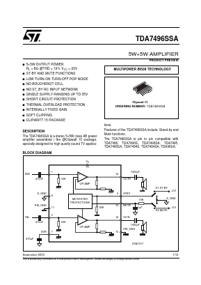TDA7496SSA Datasheet PDF STMicroelectronics