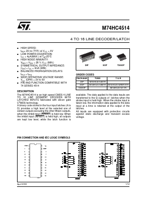 M74HC4514B1R Datasheet PDF STMicroelectronics