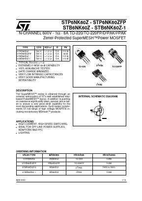 B6NK60Z Datasheet PDF STMicroelectronics