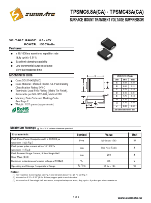 TPSMC43CA Datasheet PDF SUNMATE electronic Co., LTD