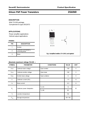 2SA940 Datasheet PDF SavantIC Semiconductor 