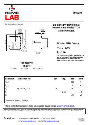 2N6249 Datasheet PDF Semelab - > TT Electronics plc 