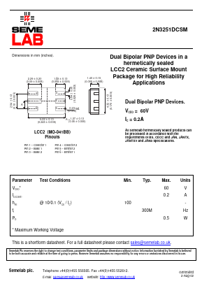 2N3251DCSM Datasheet PDF Semelab - > TT Electronics plc 