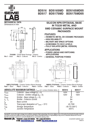 BDS16SMD05 Datasheet PDF Semelab - > TT Electronics plc 