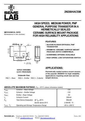 2N2894ACSM Datasheet PDF Semelab - > TT Electronics plc 