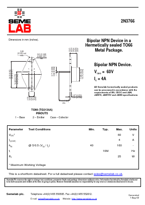 2N3766 Datasheet PDF Semelab - > TT Electronics plc 