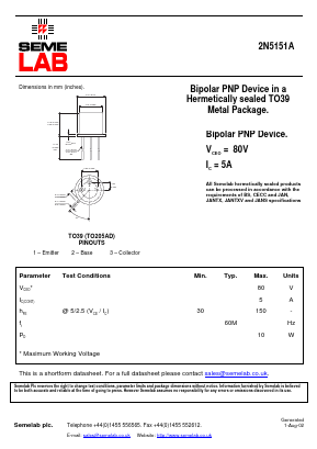 2N5151A Datasheet PDF Semelab - > TT Electronics plc 