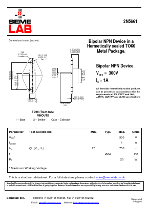 2N5661 Datasheet PDF Semelab - > TT Electronics plc 