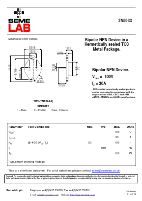 2N5933 Datasheet PDF Semelab - > TT Electronics plc 