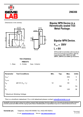 2N6308 Datasheet PDF Semelab - > TT Electronics plc 