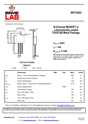 IRFY240C Datasheet PDF Semelab - > TT Electronics plc 
