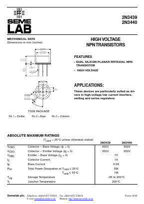 2N3440 Datasheet PDF Semelab - > TT Electronics plc 