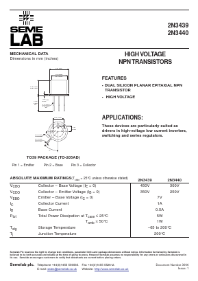 2N3439 Datasheet PDF Semelab - > TT Electronics plc 
