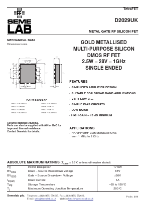 D2029UK Datasheet PDF Semelab - > TT Electronics plc 