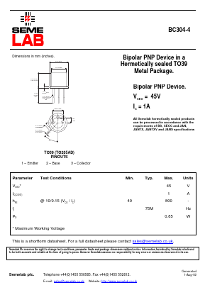 BC304-4 Datasheet PDF Semelab - > TT Electronics plc 