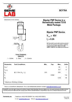 BCY79A Datasheet PDF Semelab - > TT Electronics plc 