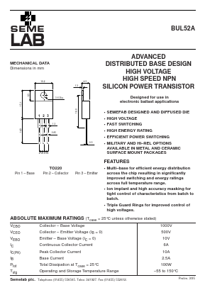 BUL52A Datasheet PDF Semelab - > TT Electronics plc 