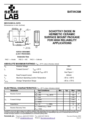 BAT54CSM Datasheet PDF Semelab - > TT Electronics plc 