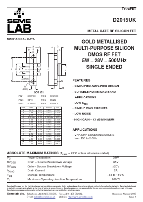 D2015UK Datasheet PDF Semelab - > TT Electronics plc 