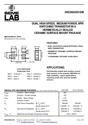 2N2369ADCSM Datasheet PDF Semelab - > TT Electronics plc 