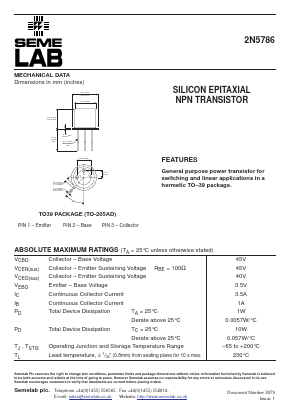 2N5786 Datasheet PDF Semelab - > TT Electronics plc 