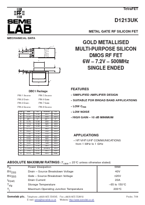 D1213UK Datasheet PDF Semelab - > TT Electronics plc 