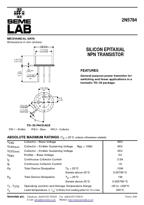 2N5784 Datasheet PDF Semelab - > TT Electronics plc 