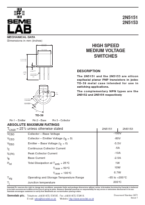 2N5153 Datasheet PDF Semelab - > TT Electronics plc 