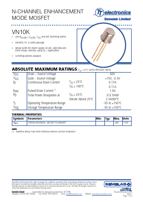VN10K Datasheet PDF Semelab - > TT Electronics plc 