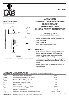 BUL74B Datasheet PDF Semelab - > TT Electronics plc 