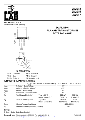 2N2915 Datasheet PDF Semelab - > TT Electronics plc 