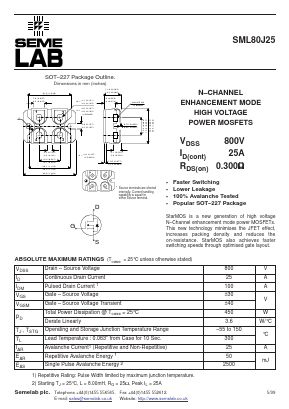 SML80J25 Datasheet PDF Semelab - > TT Electronics plc 