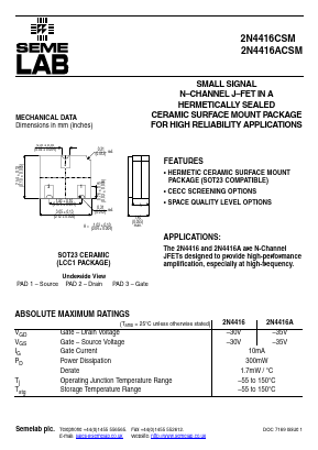2N4416ACSM Datasheet PDF Semelab - > TT Electronics plc 