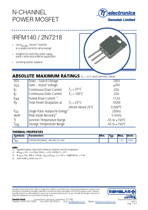 IRFM140 Datasheet PDF Semelab - > TT Electronics plc 