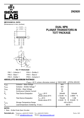 2N2920 Datasheet PDF Semelab - > TT Electronics plc 