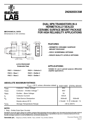 2N2920DCSM Datasheet PDF Semelab - > TT Electronics plc 